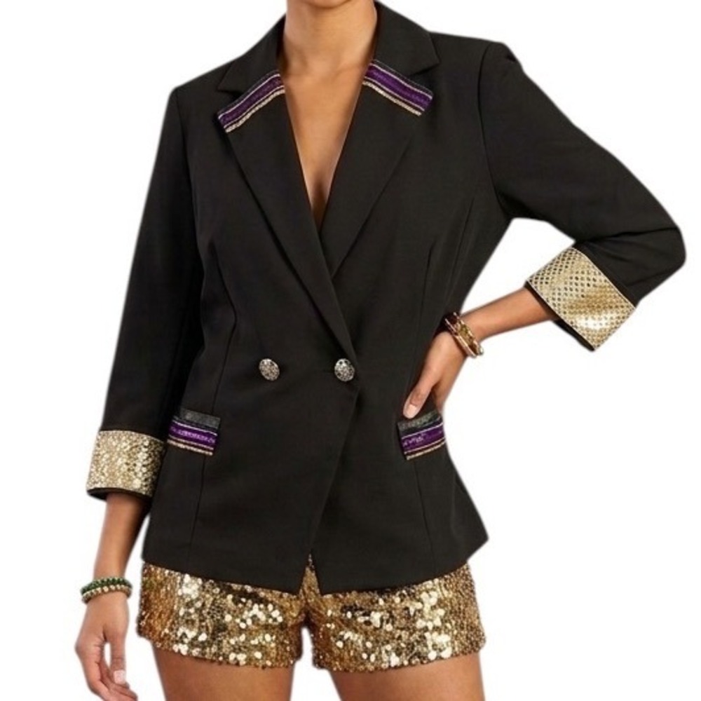 Charlotte Russe Upcycled Mardi Gras Blazer Black Gold Sequin Purple Velvet L